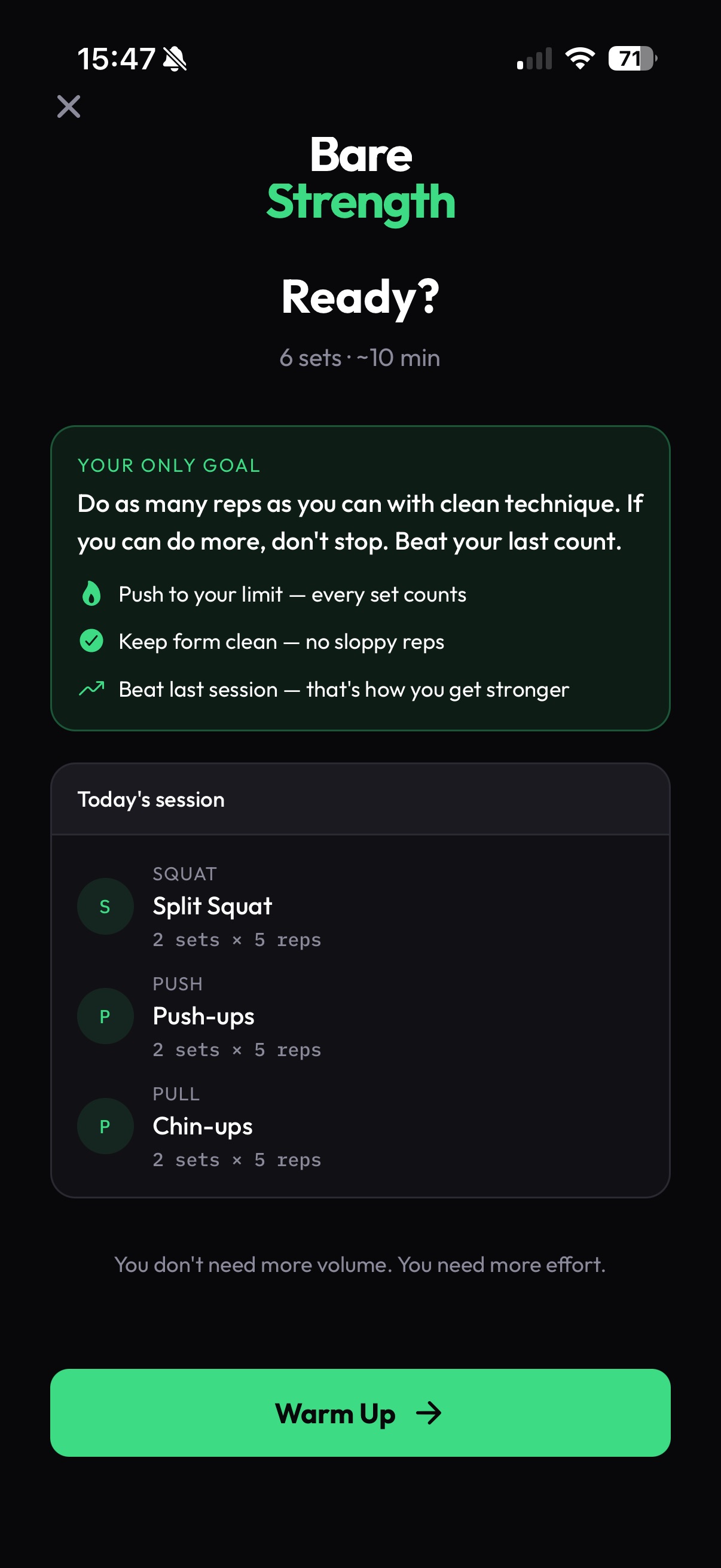 BareStrength app — Ready screen showing today's workout: Split Squat, Push-ups, Chin-ups